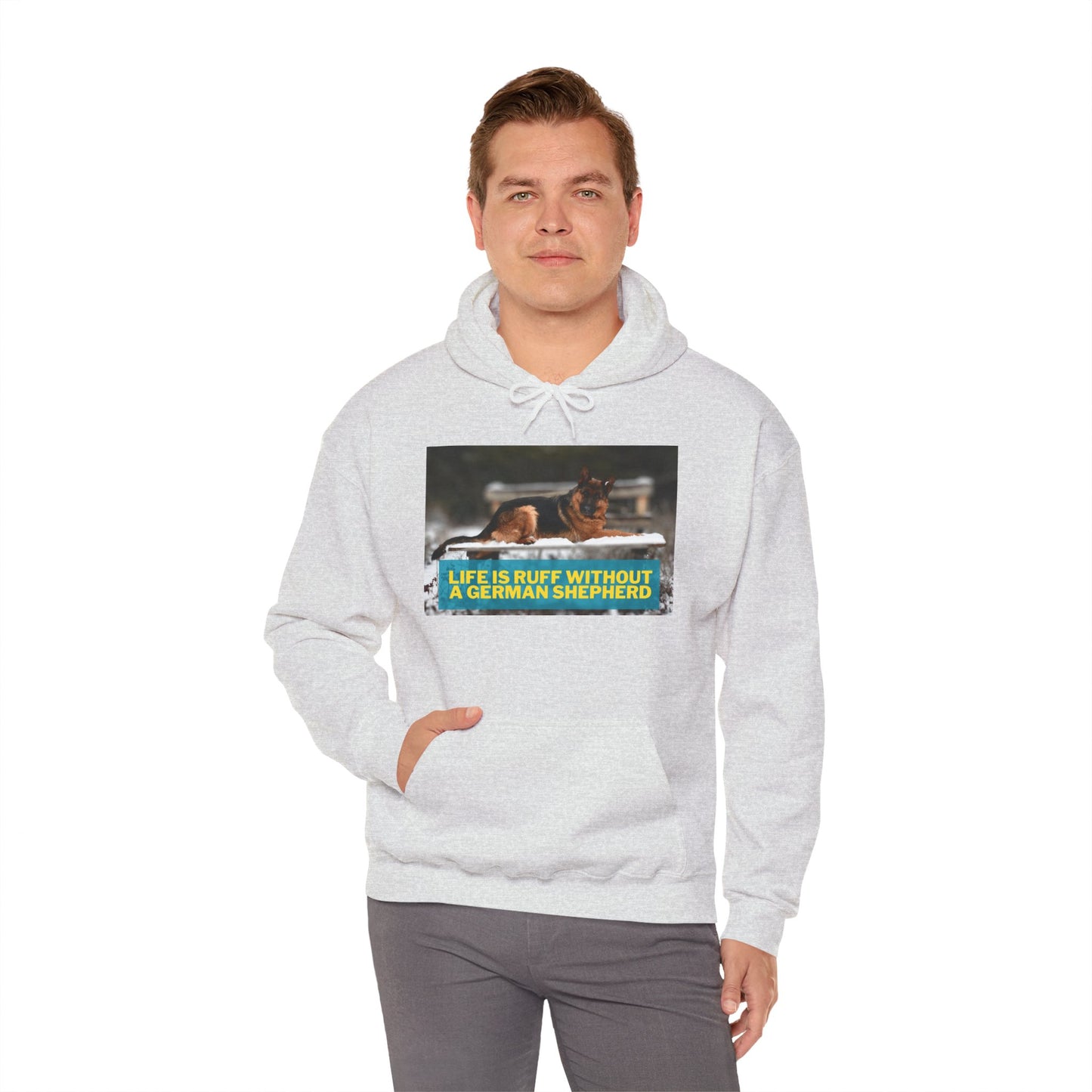 Unisex Dog Lover Hoodie With a German Shepherd Resting On Outdoor Bed In The Snow and Caption Life is Ruff Without GSD
