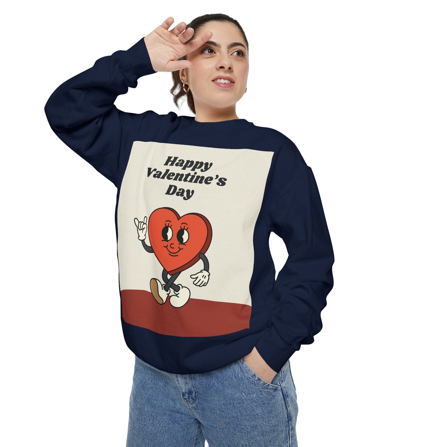 Unisex Valentine's Day Sweatshirt With a Heart Character and Caption Happy Valentine's Day