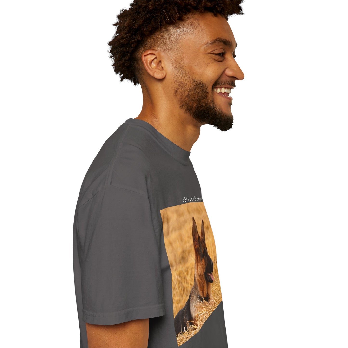 Unisex Dog Lover T-Shirt With a German Shepherd Relaxing on the Long Dry Grass and Caption Selfless Beings