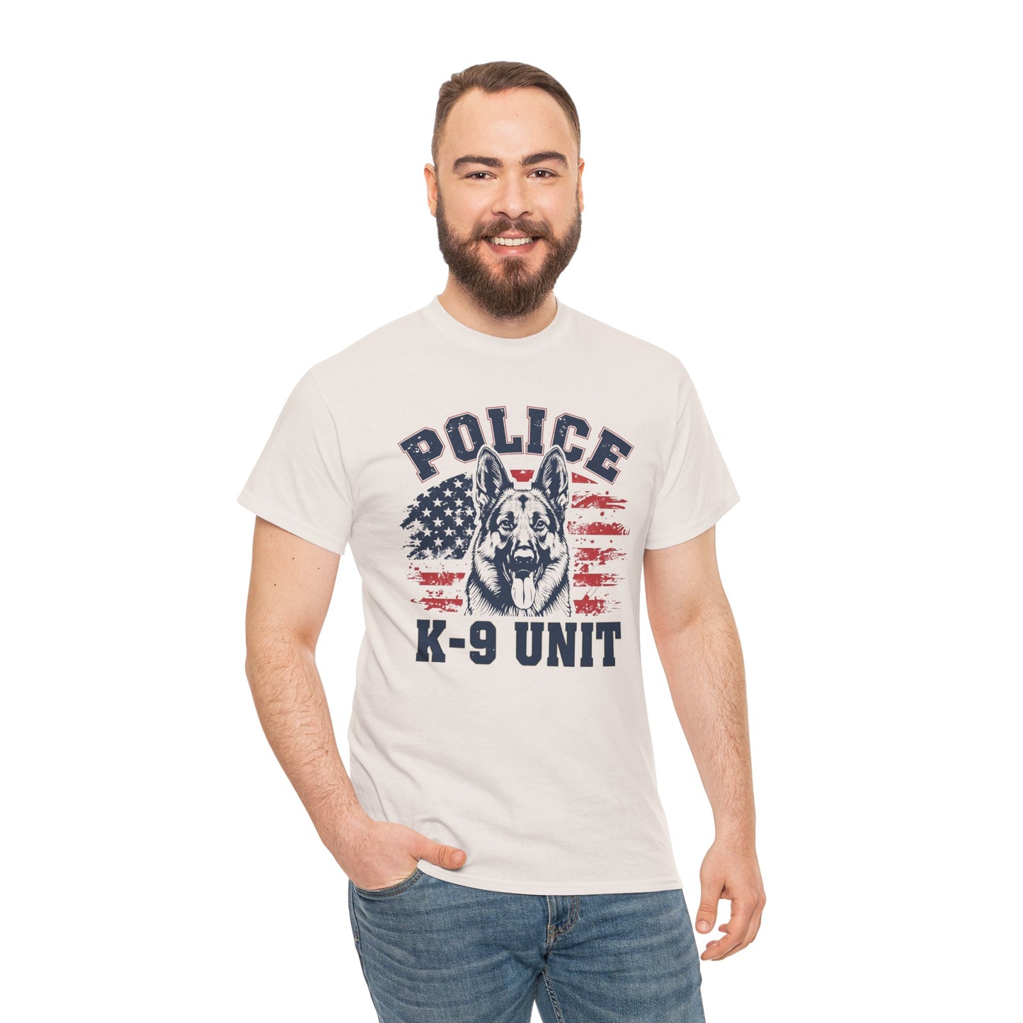 Patriotic Police K-9 Unit T-Shirt With American Flag in Background, Unisex Heavy Cotton Tee