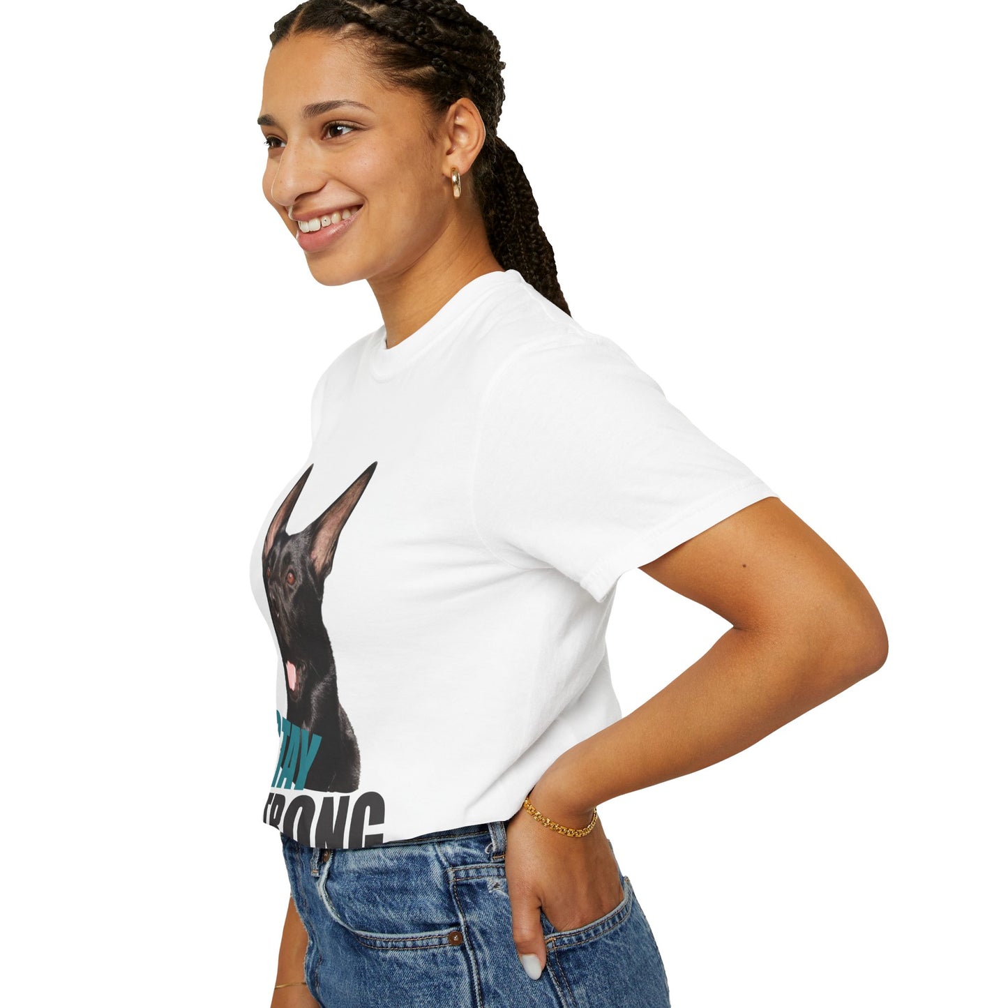 Unisex Dog Lover T-Shirt With Solid Black Working Line German Shepherd Mouth Opened and Caption Stay Strong