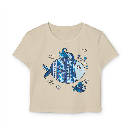 Boho Chic Women's Baby Tee with Blue Fish Design, Cute Summer Top, Fun Gift for Sea Lovers, Aquatic-themed Apparel, Beach Vibes