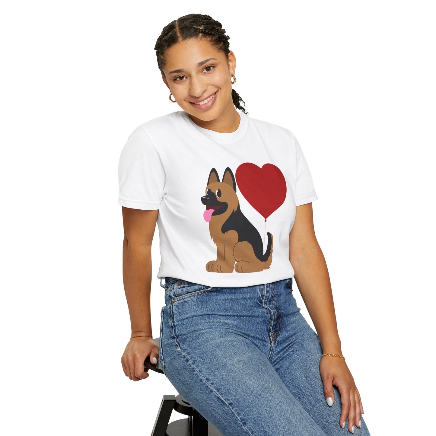 Unisex Dog Lover T-Shirt With a Graphic of German Shepherd Puppy and Heart Shaped Balloon Attached With Tail