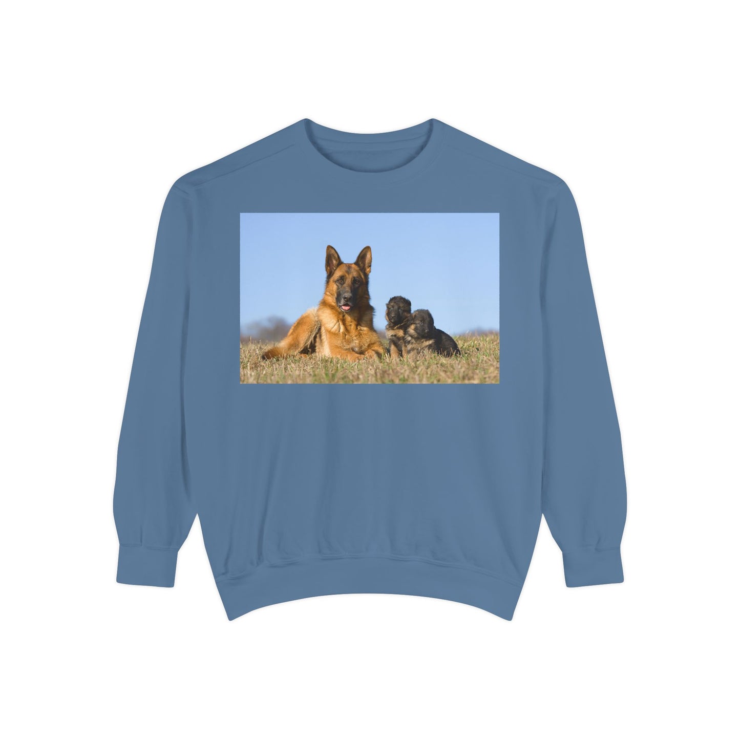 Unisex Dog Lover Sweatshirt With a German Shepherd Lying on the Grass With Two Puppies