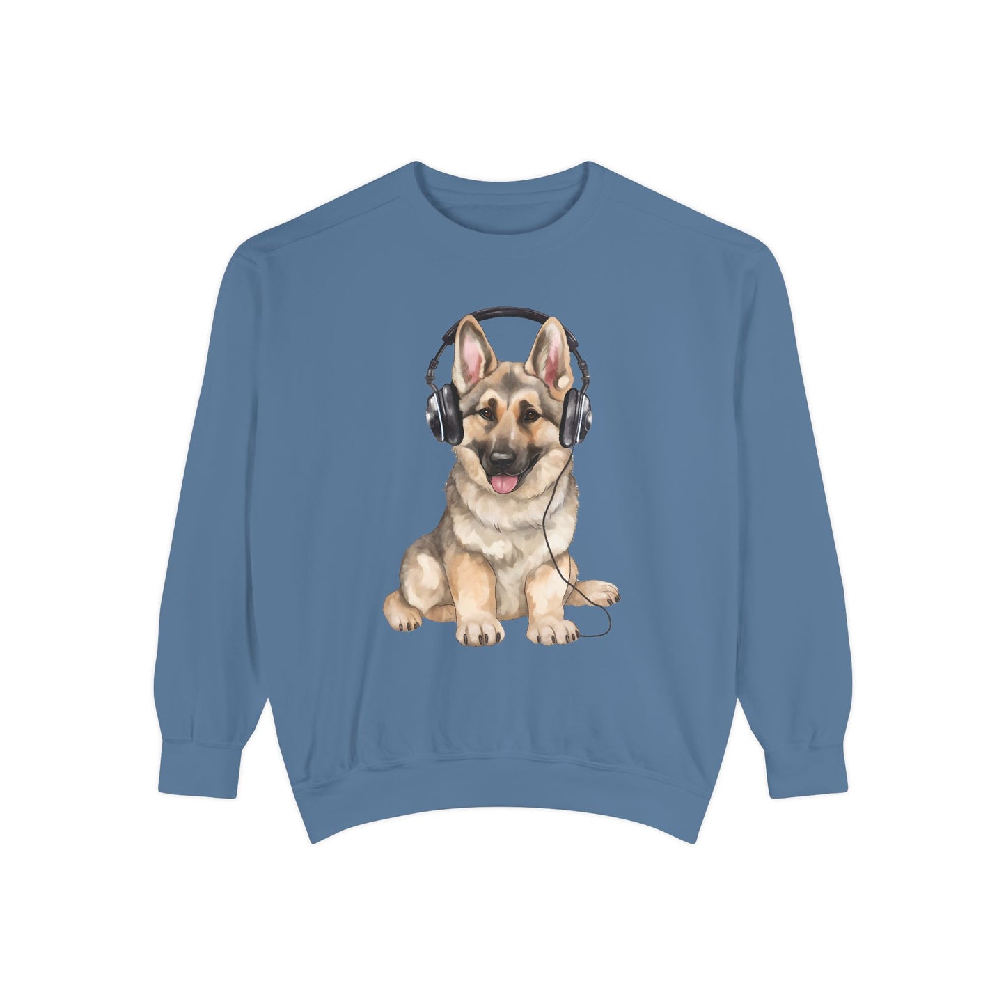 Unisex Dog Lover Sweatshirt With a German Shepherd Wearing Headphones Enjoying Music