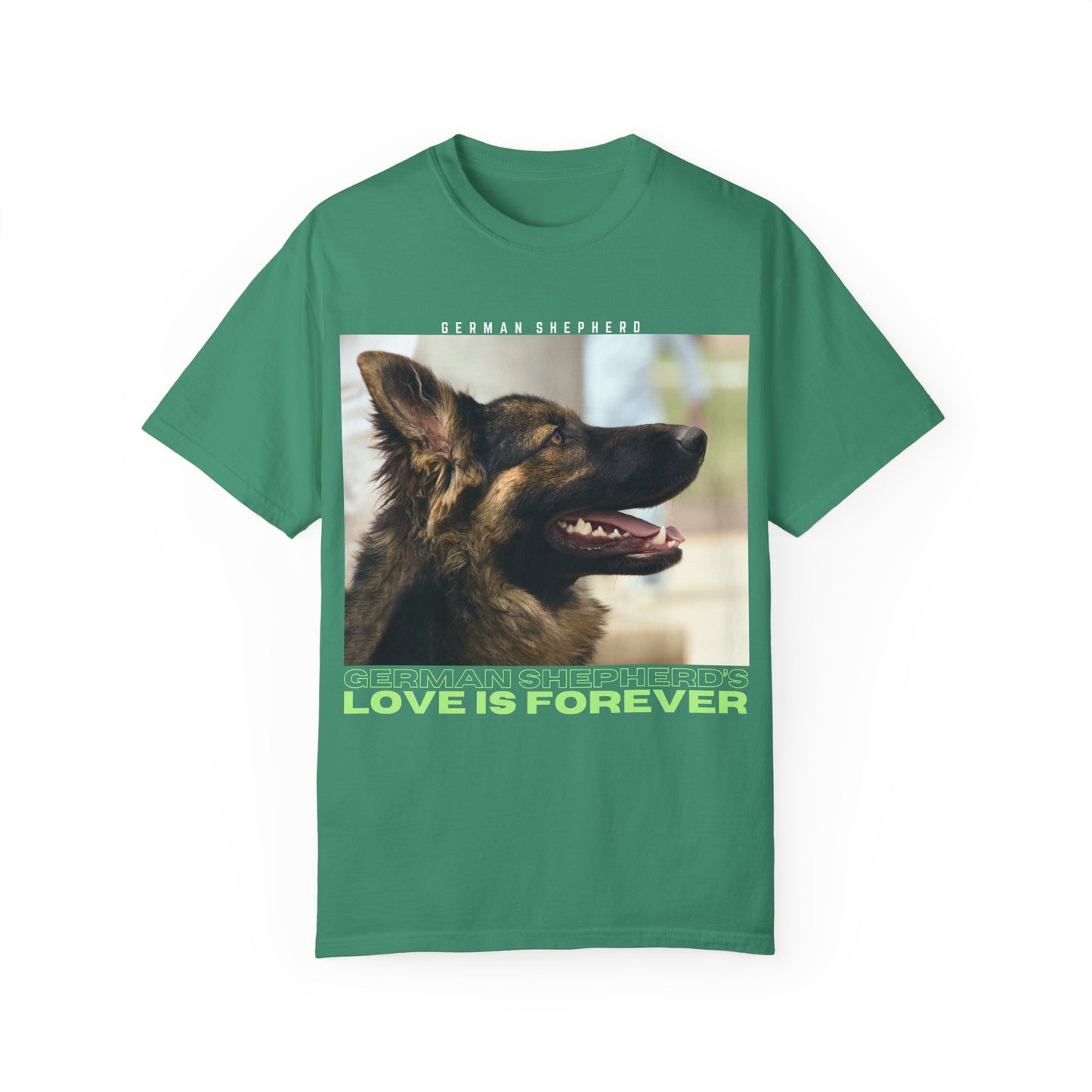 Unisex T-Shirt With Close Up Face of Working Line German Shepherd Mouth Opened and Quote A GSDs Love is Forever