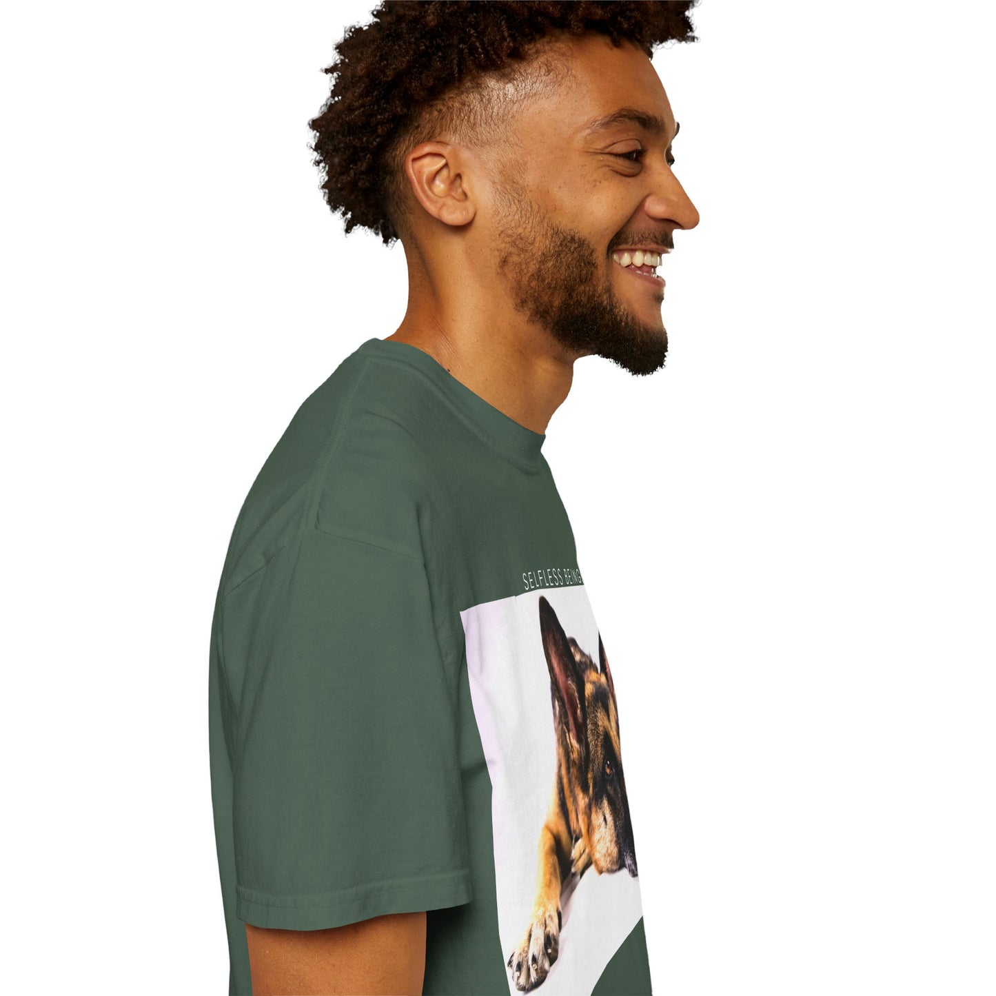 Unisex Dog Lover T-Shirt With Close Up of Bored German Shepherd Laying His Head On the Floor and Caption Selfless Beings