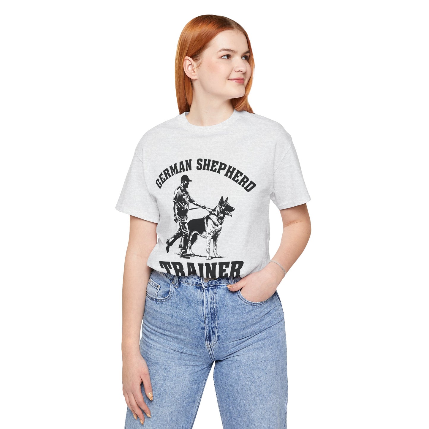 German Shepherd Trainer Tee - Black and White Design of Man Holding a German Shepherd