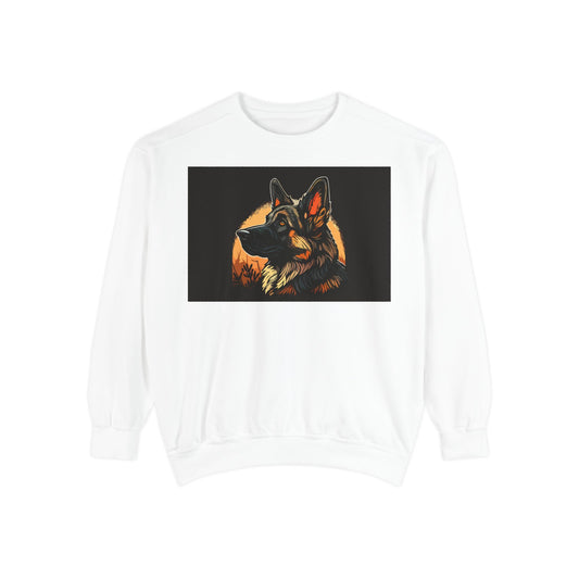 Unisex Dog Lover Sweatshirt With a Close Up Graphic of a German Shepherd In Front of Moon