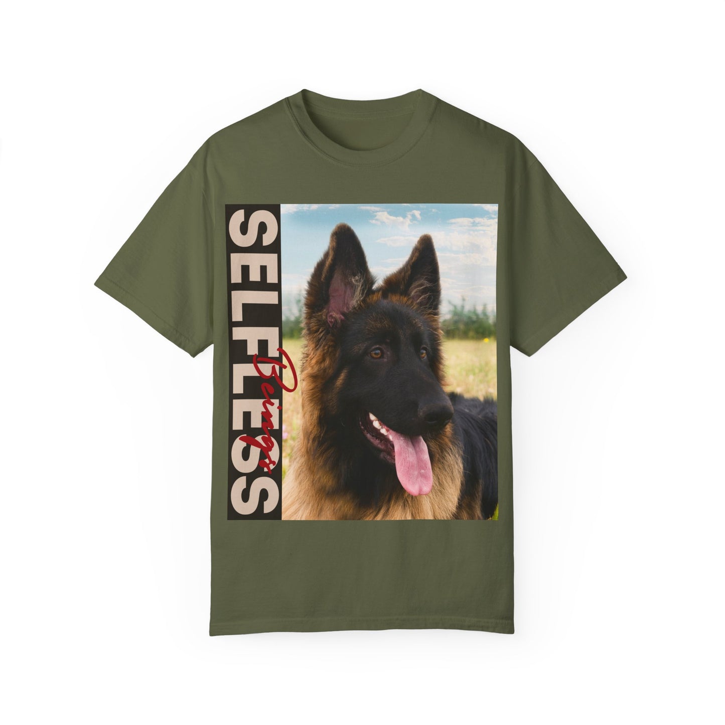 Unisex Dog Lover T-Shirt With Young Long Coat German Shepherd Looking Sideways Leaving Tongue Out and Caption Selfless Beings Written With Beige Red