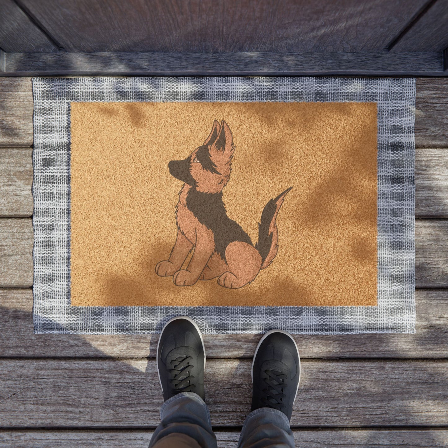 Cute Pet Welcome Mat for Dog Lovers Featuring a Graphic of Cute German Shepherd Puppy Sloppily Sitting