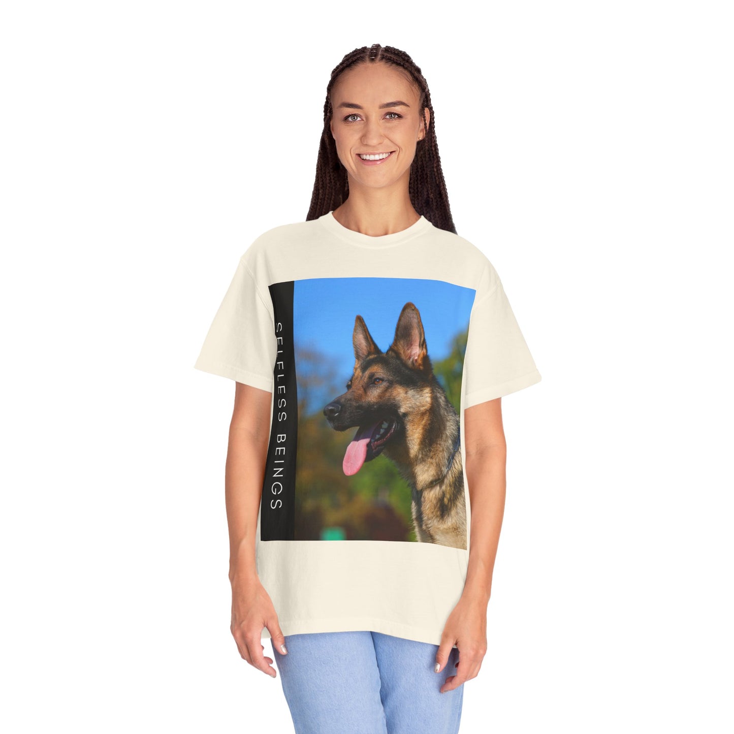 Unisex Dog Lover T-Shirt With a Portrait of a German Shepherd Over Nature Background and Caption Selfless Beings