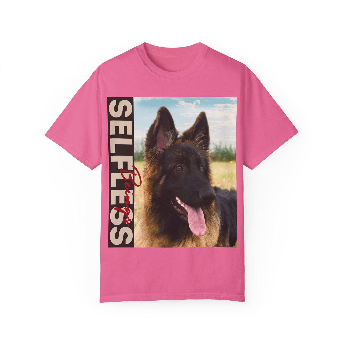 Unisex Dog Lover T-Shirt With Young Long Coat German Shepherd Looking Sideways Leaving Tongue Out and Caption Selfless Beings Written With Beige Red