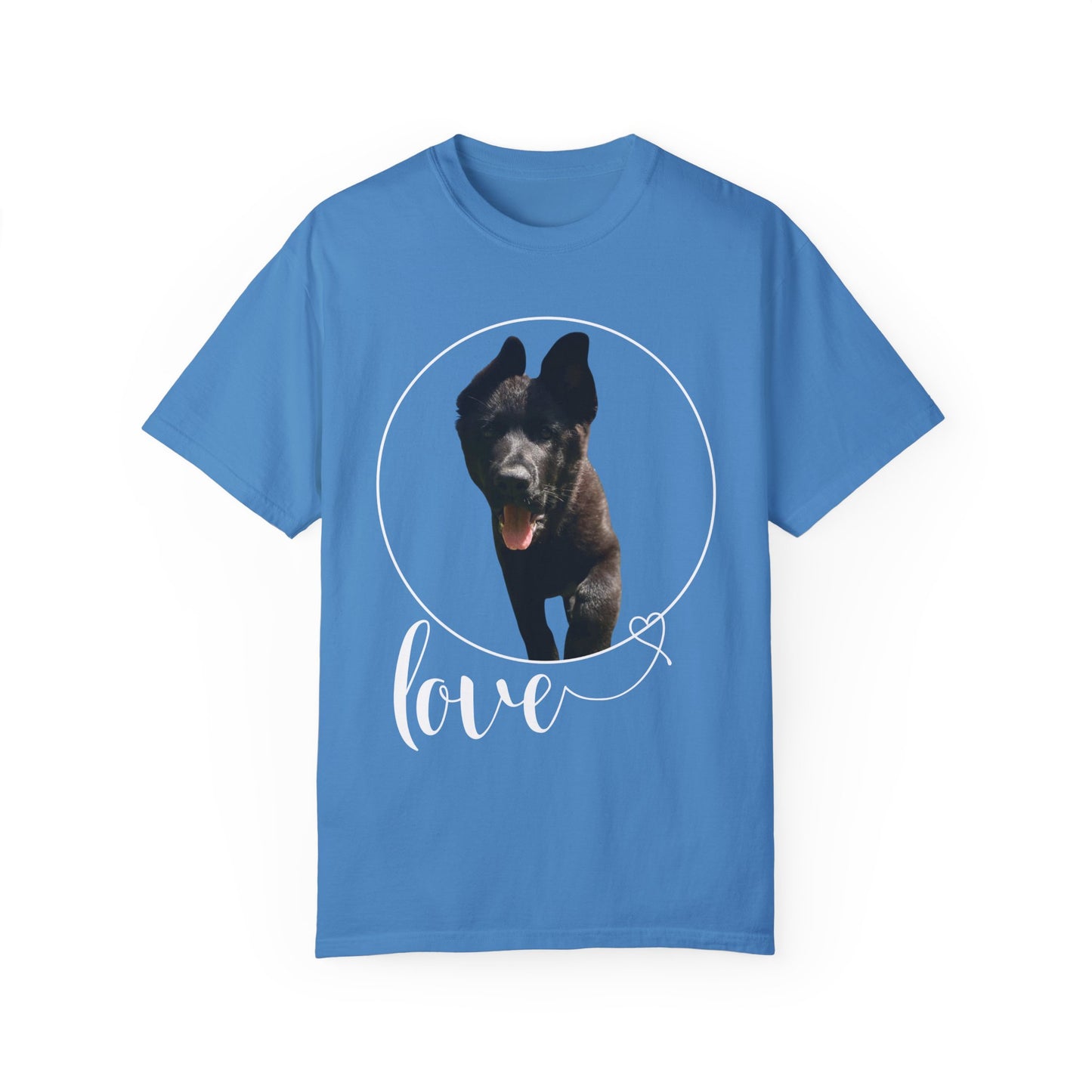 Unisex Dog Lover T-Shirt With Solid Black German Shepherd Walking On a Grass and Text Love