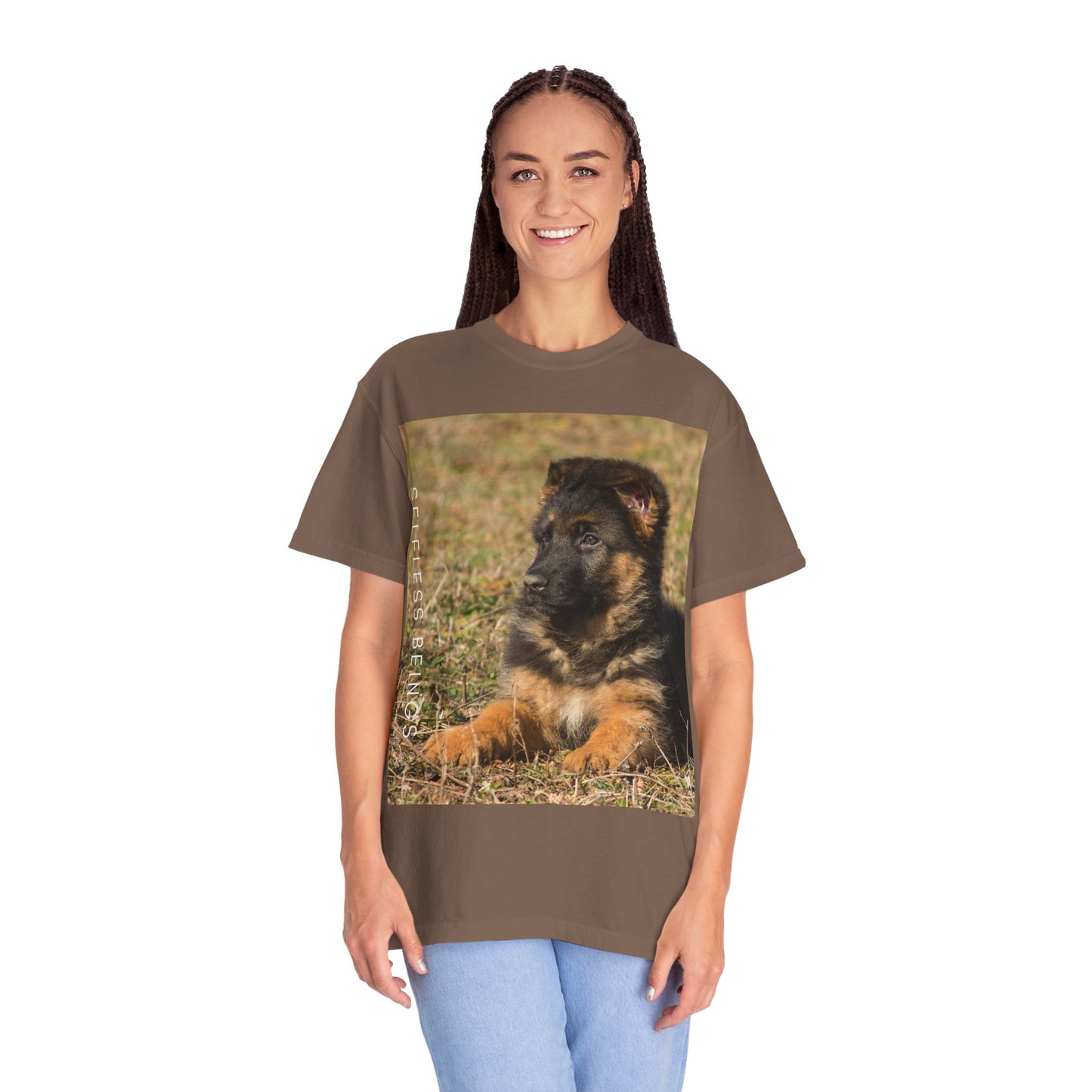 Unisex Dog Lover T-Shirt With Beautiful German Shepherd Puppy Resting On the Grass and Caption Selfless Beings