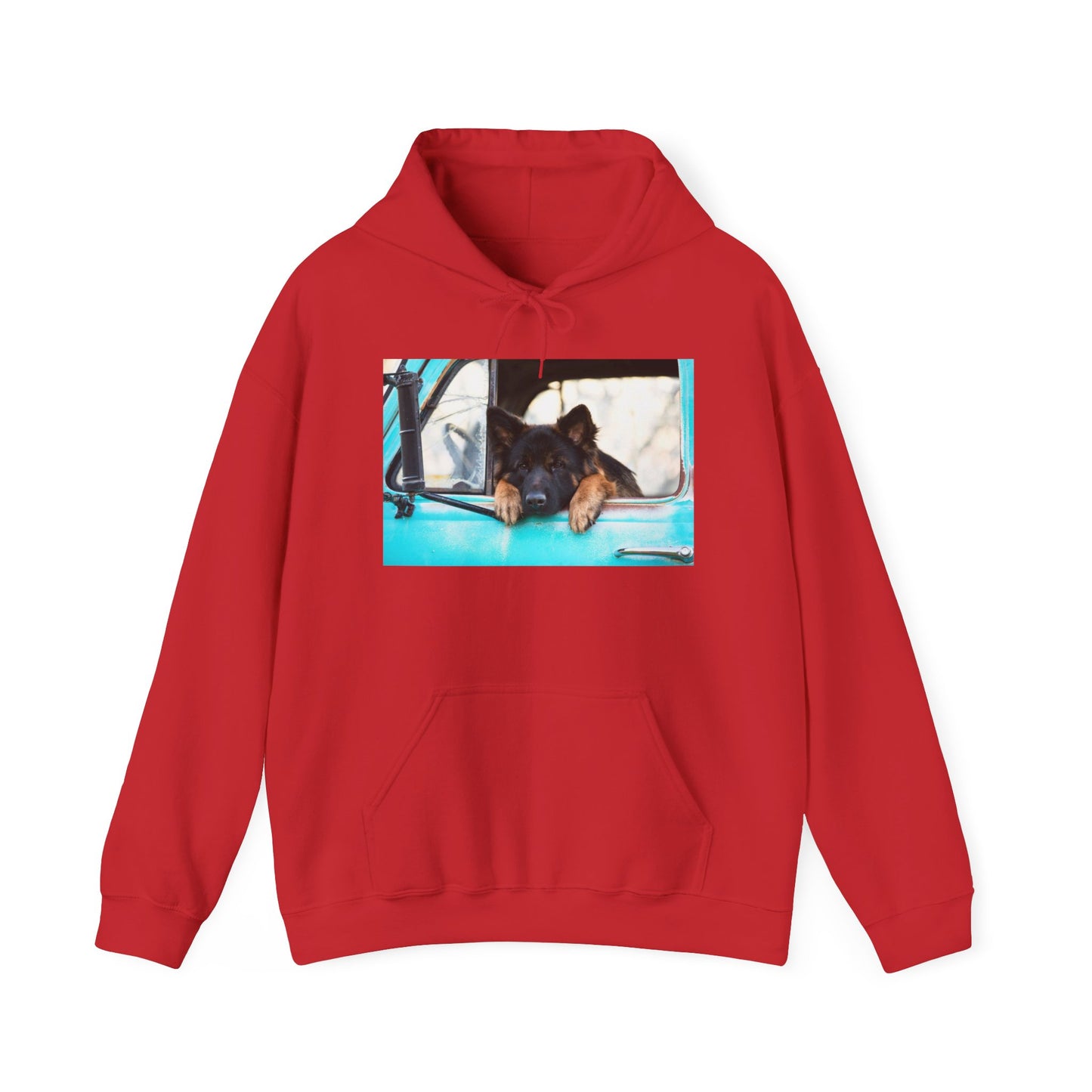 Unisex Dog Lover Hoodie With German Shepherd Puppy Putting His Head and Front Legs On The Truck Seat's Window