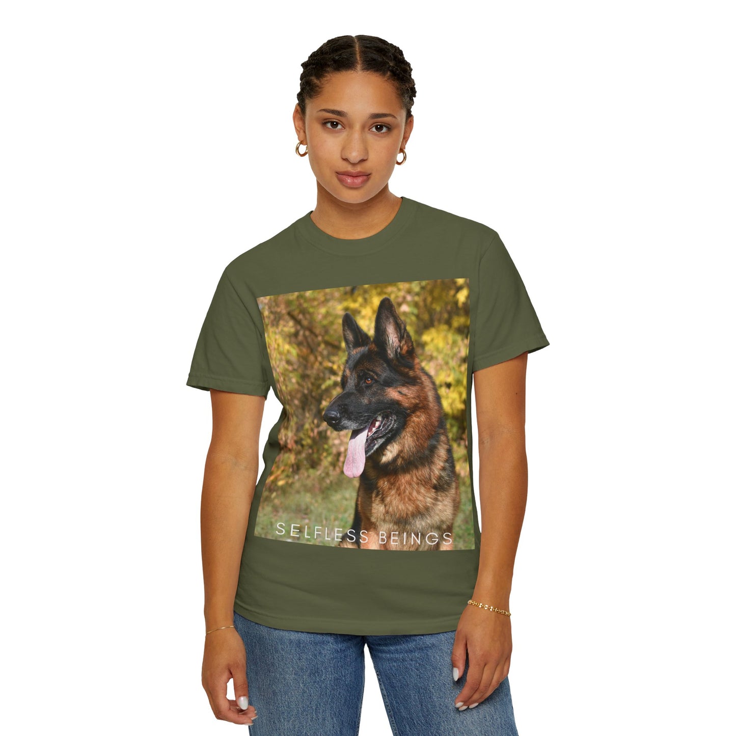 Unisex Dog Lover T-Shirt With a German Shepherd Protecting a Territory and Caption Selfless Beings