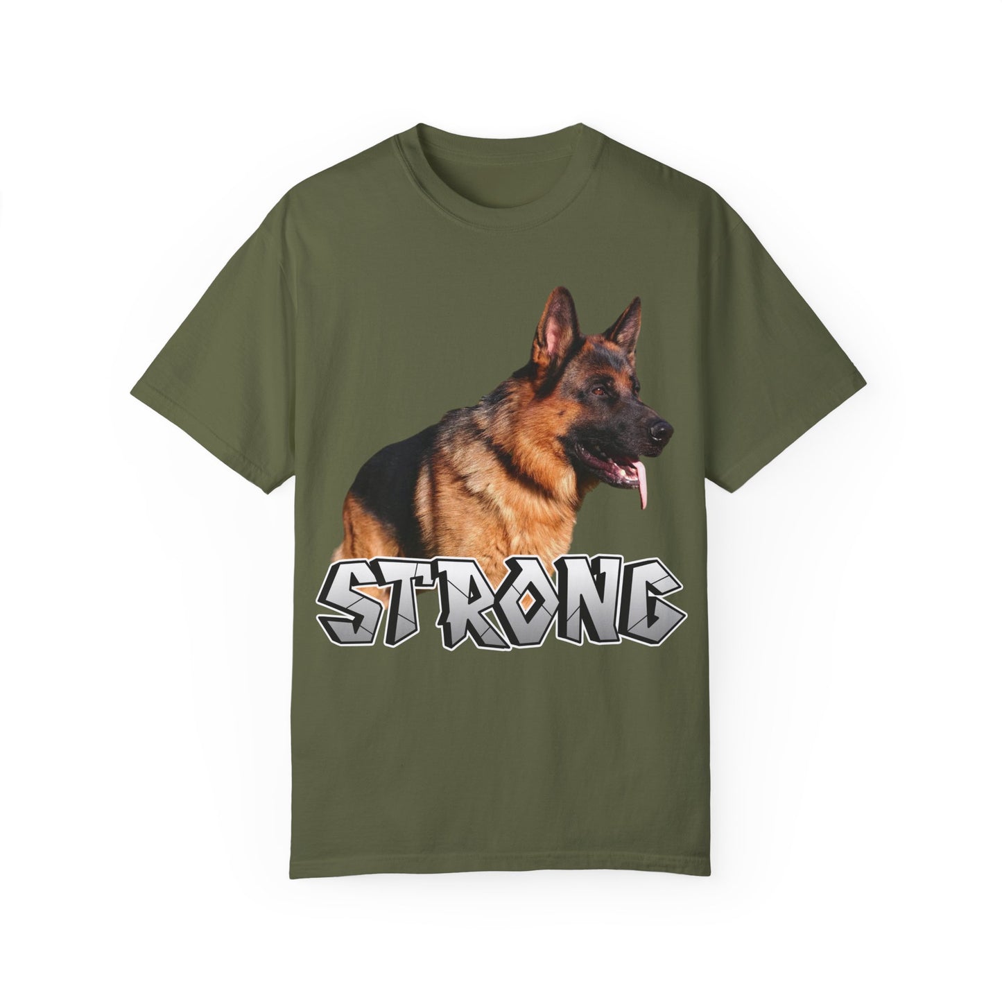 Unisex T-Shirt With German Shepherd Leaving Tongue Out Standing for a Pose and Text STRONG