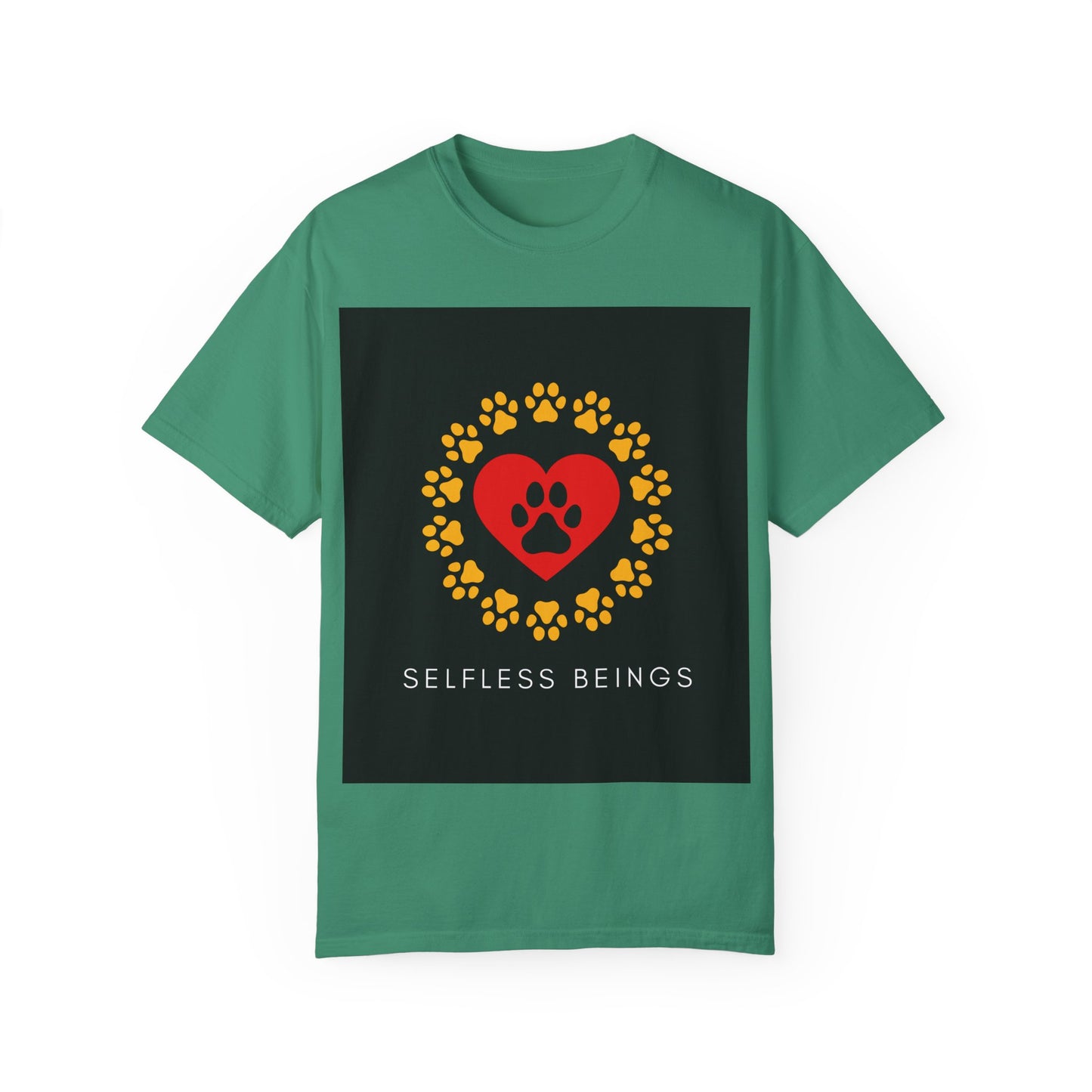 Unisex Dog Lover T-Shirt With Graphic of Yellow Paw Prints In Circle Contain Red Heart Which Contains Black Dog Paw Print Inside and Caption Selfless Beings