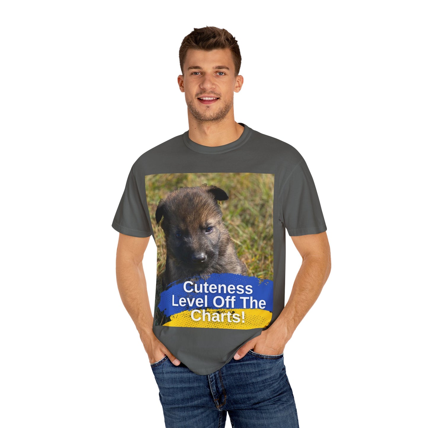 Unisex Dog Lover T-Shirt Featuring a German Shepherd Puppy and Caption Cuteness Level Off The Charts