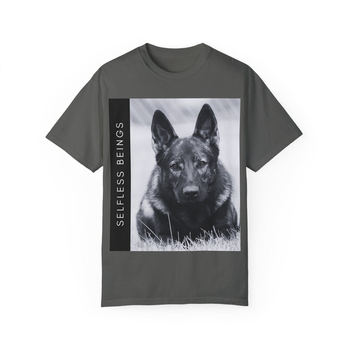 Unisex Dog Lover T-Shirt With a Working Line German Shepherd Resting on the Grass and Caption Selfless Beings
