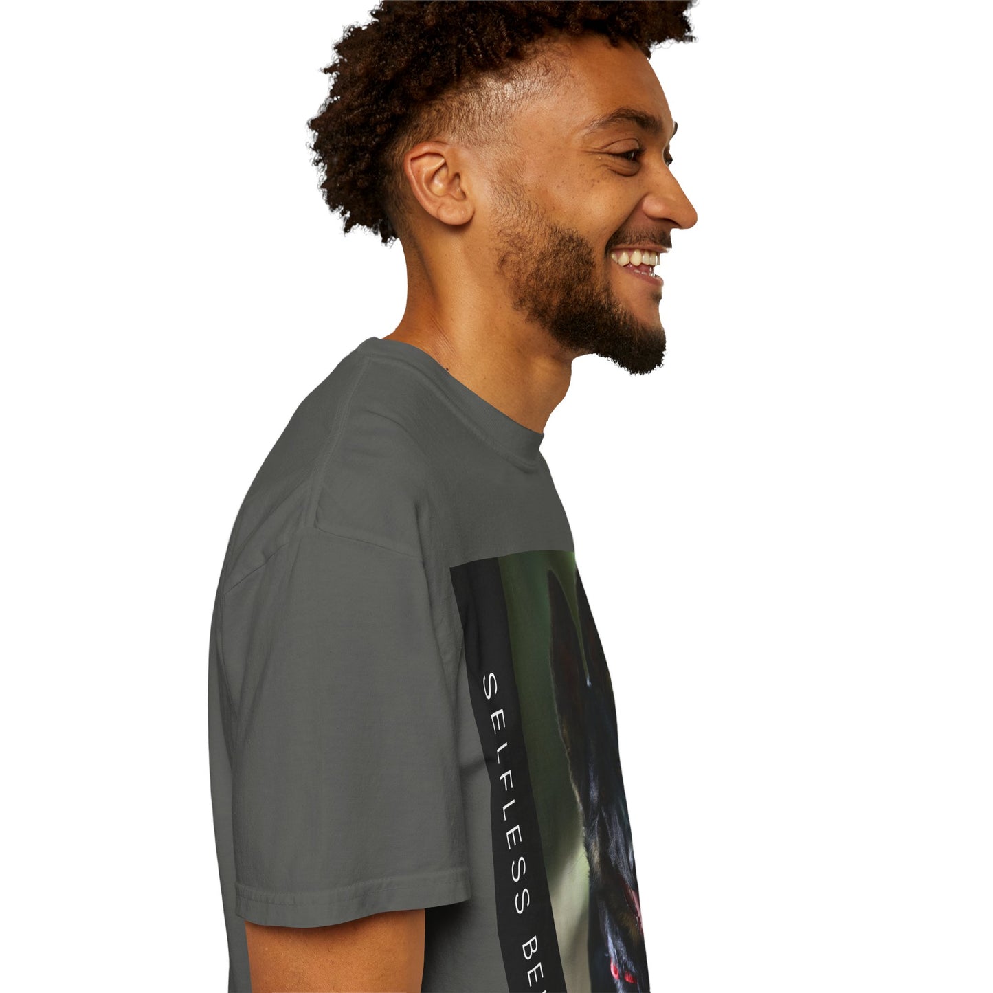 Unisex Dog Lover T-Shirt With Close Up Portrait of Slim German Shepherd Leaving His Tongue Out and Caption Selfless Beings