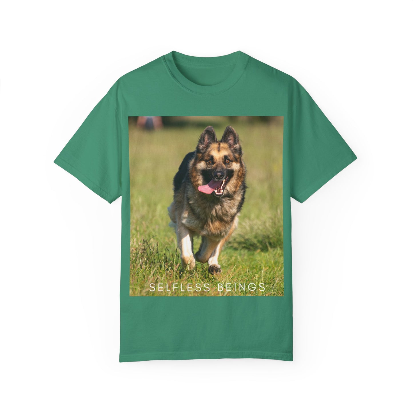 Unisex Dog Lover T-Shirt With Beautiful German Shepherd Running on the Field Leaving Tongue Out and Caption Selfless Beings