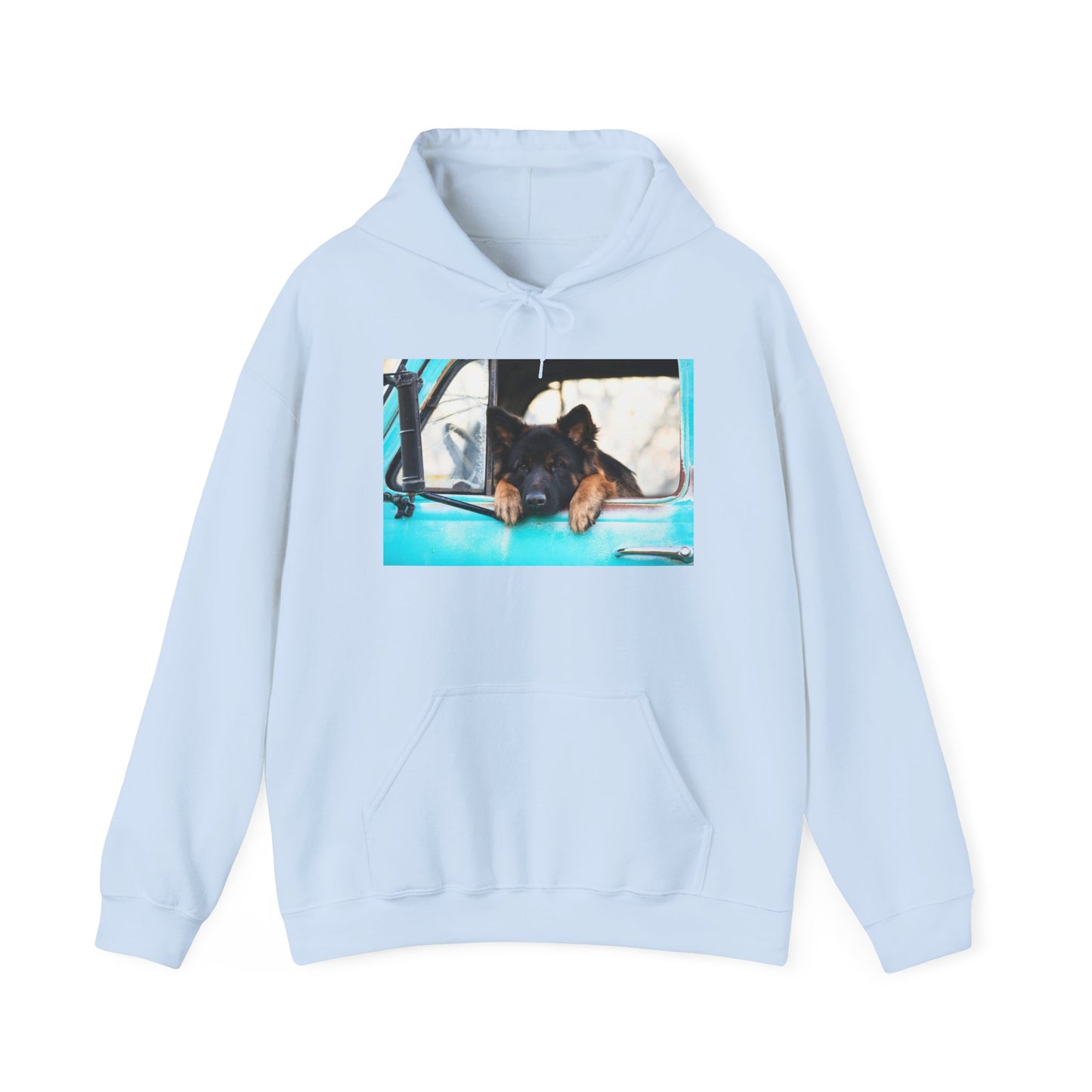 Unisex Dog Lover Hoodie With German Shepherd Puppy Putting His Head and Front Legs On The Truck Seat's Window