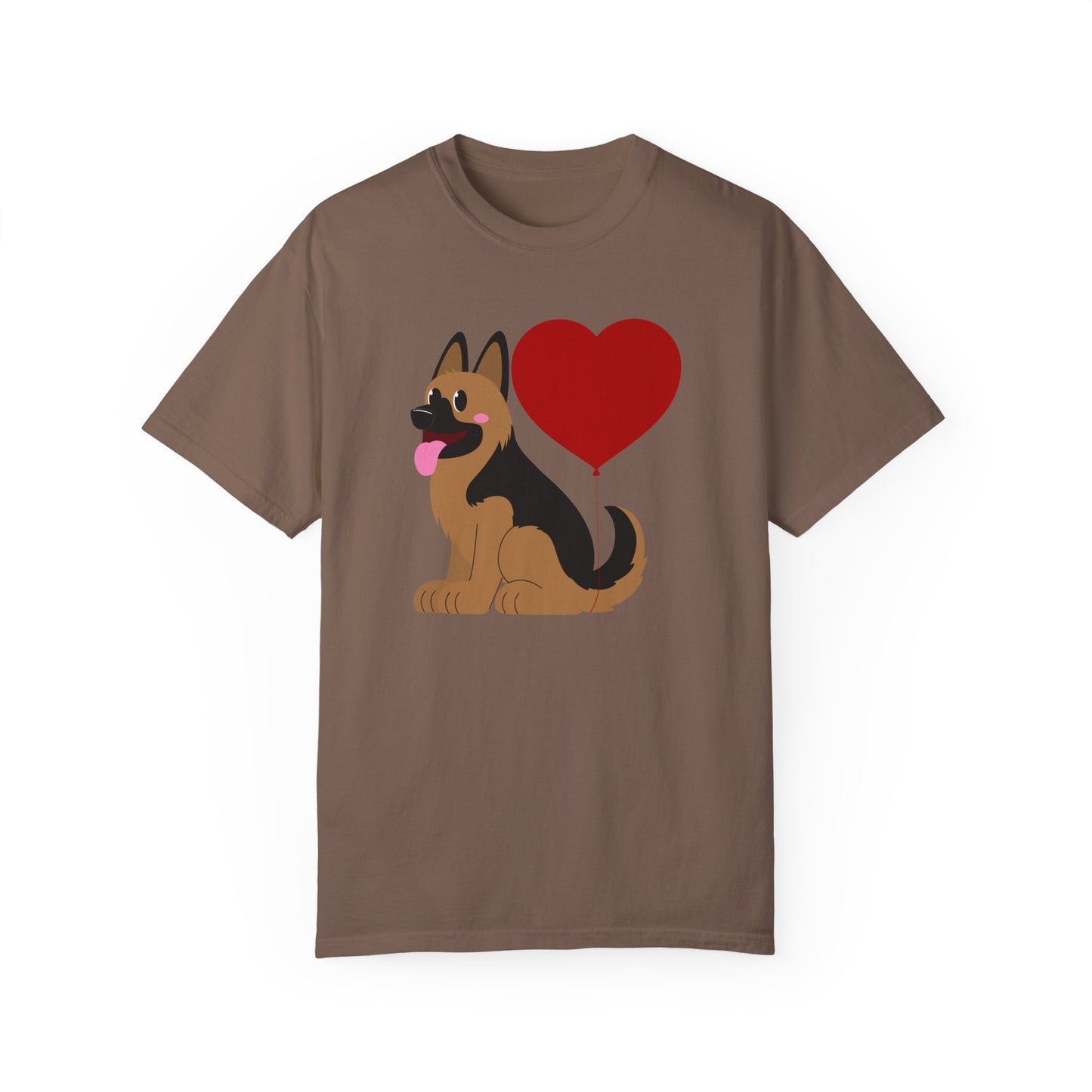 Unisex Dog Lover T-Shirt With a Graphic of German Shepherd Puppy and Heart Shaped Balloon Attached With Tail