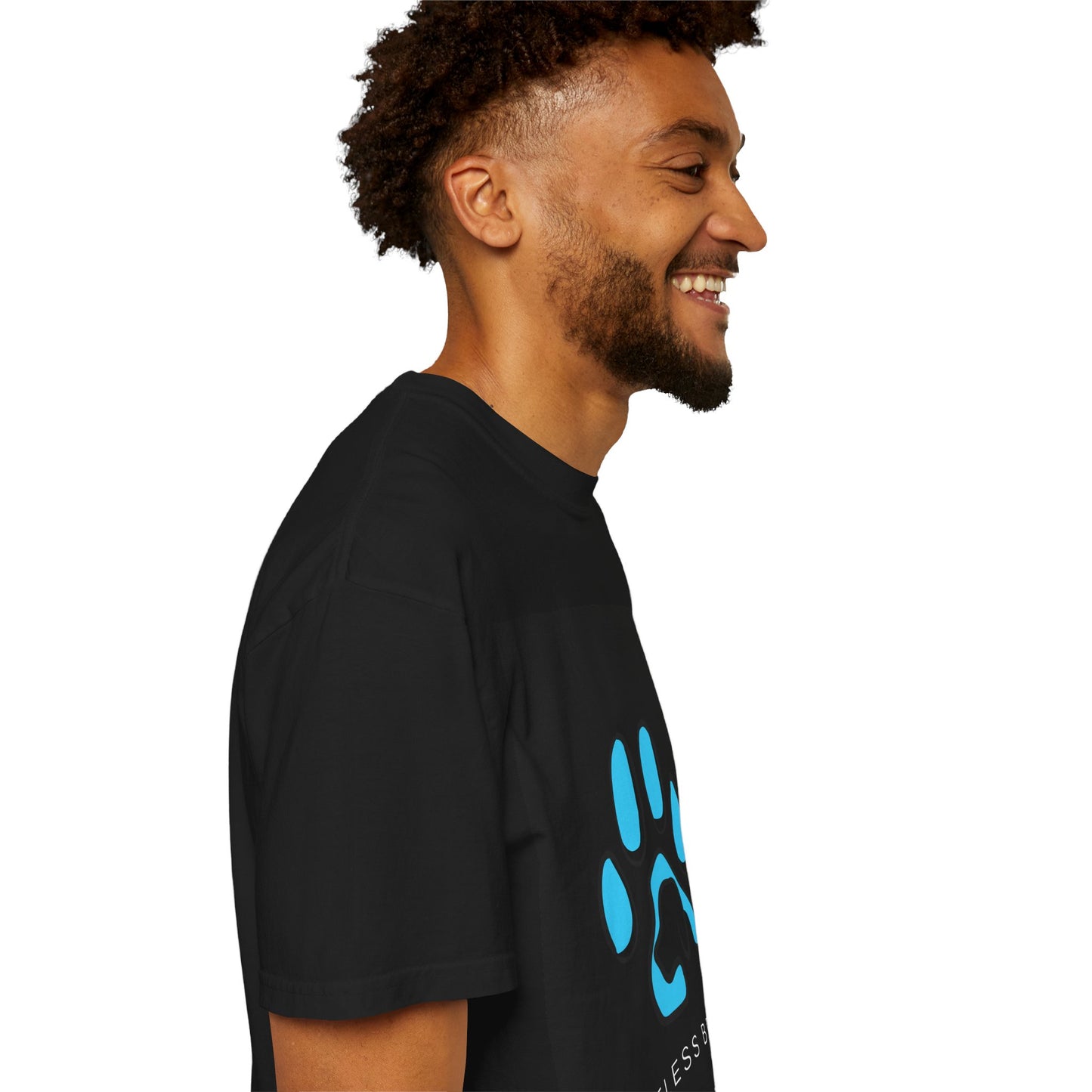 Unisex Dog Lover T-Shirt With Graphic of Blue Colored Dog Paw's Print Whose Metacarpal Contains a Design of Black Dog and Caption Selfless Beings Below