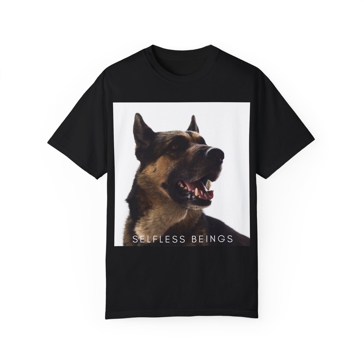 Unisex Dog Lover T-Shirt With Close Up of Large German Shepherd Turning His Face and Caption Selfless Beings