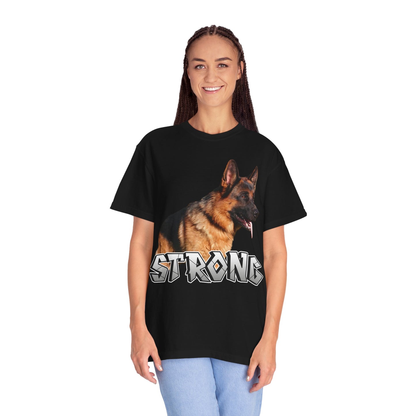 Unisex T-Shirt With German Shepherd Leaving Tongue Out Standing for a Pose and Text STRONG