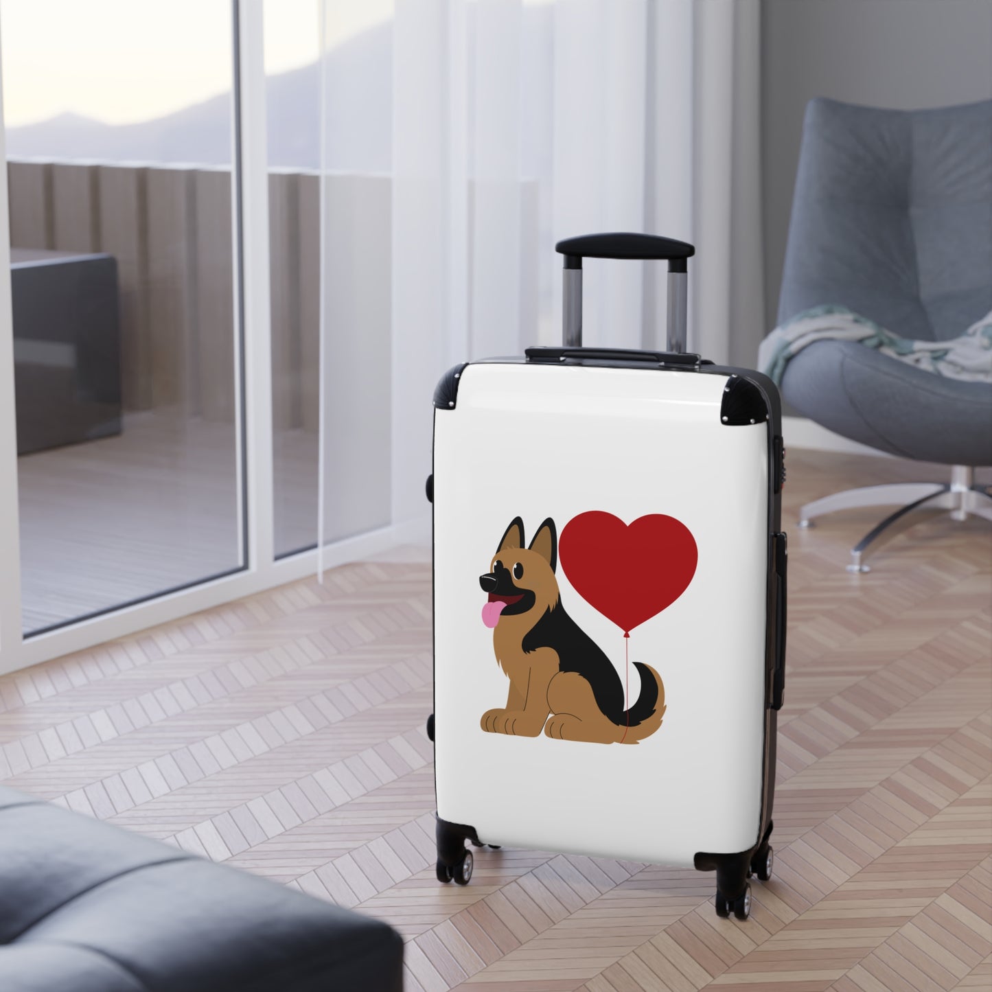 Dog Lover's Suitcase Featuring Graphic of a German Shepherd Puppy and Heart Shaped Balloon Attached to Tail