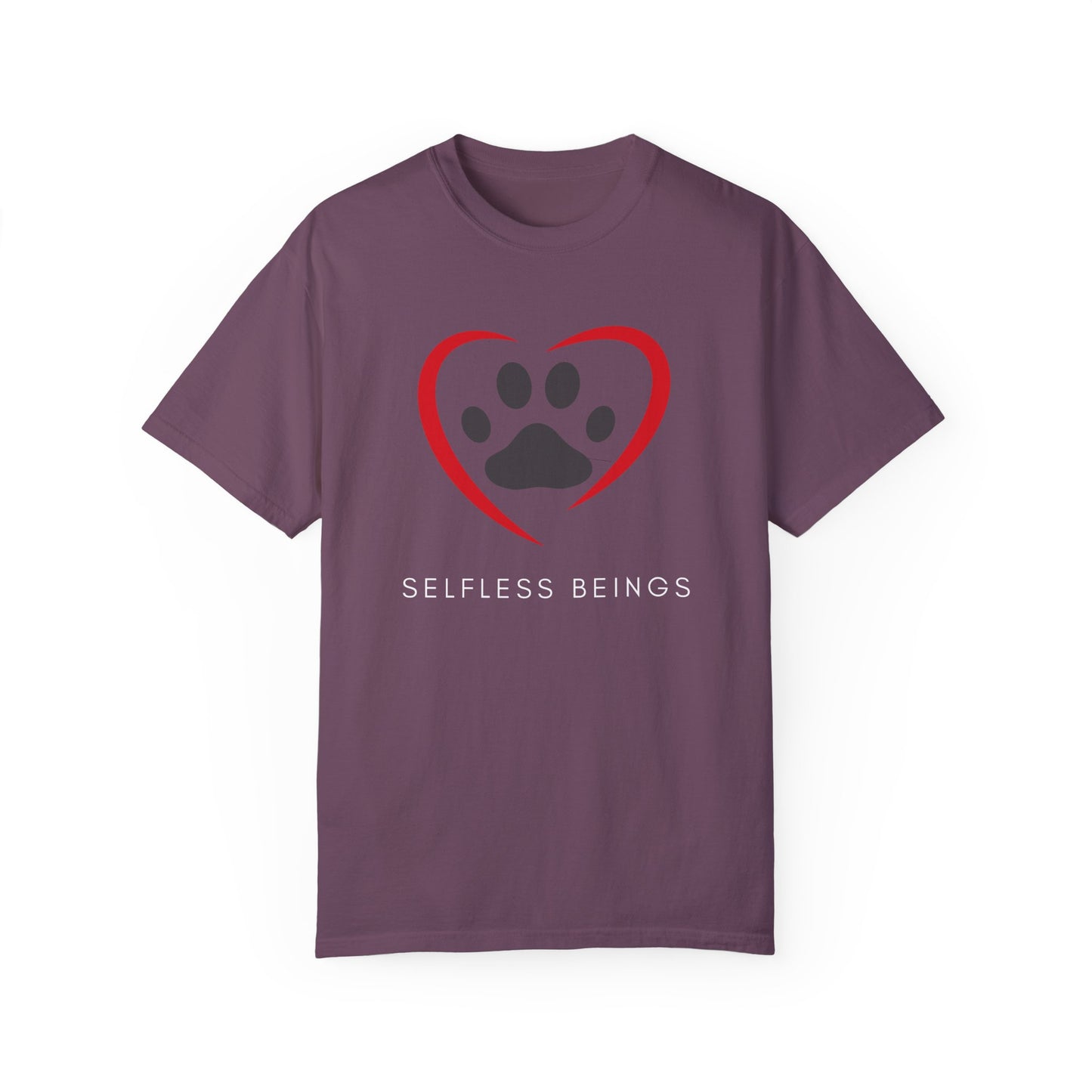 Unisex Dog Lover T-Shirt With Graphic of Curvy Heart Boundaries Contain Dog Paw Print and Caption Selfless Beings Below