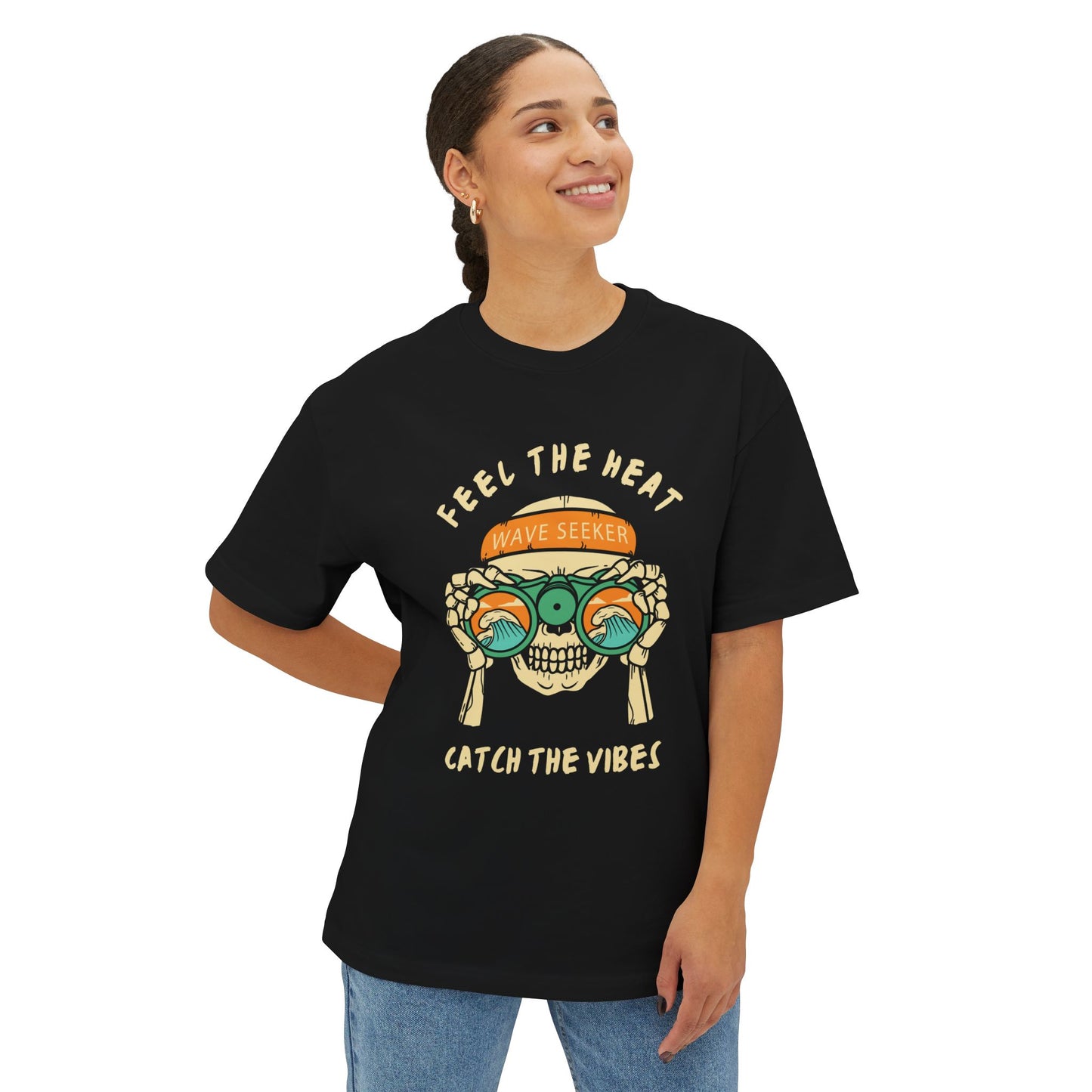 Feel The Heat Catch the Vibes Boxy Tee | Unisex Oversized T-Shirt, Beachwear, Surfing Apparel, Summer Tees, Gifts for Wave Seekers