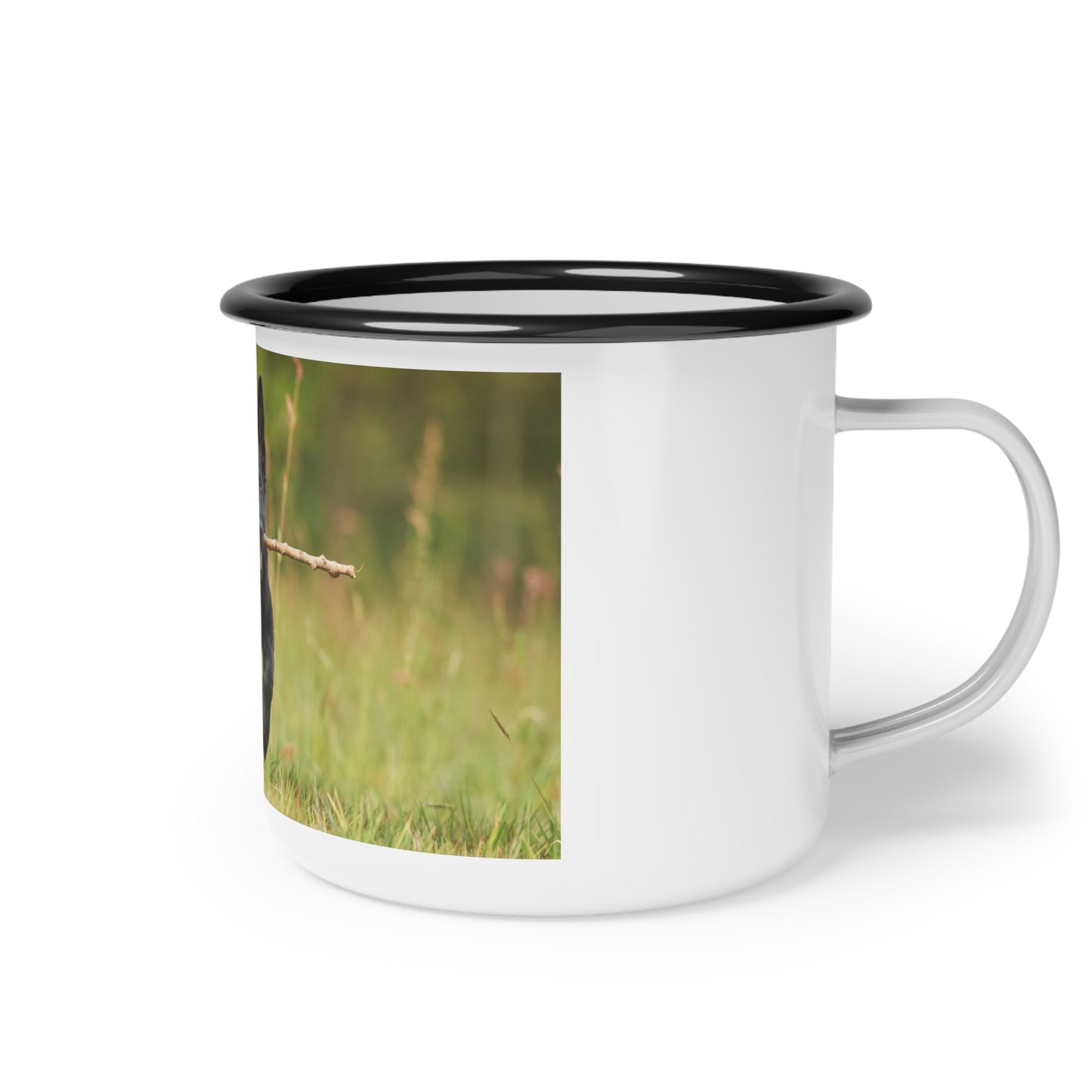 Nature-Inspired Enamel Camp Cup – Black German Shepherd Puppy Holding a Wood Piece In Mouth Running on the Grass