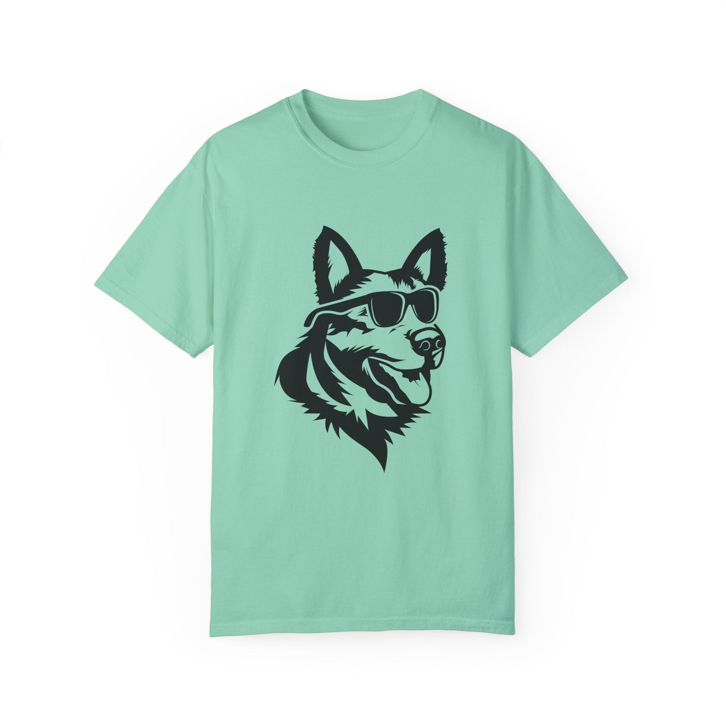 Unisex Dog Lover T-Shirt With a Graphic of Close Up Faced German Shepherd Wearing Black Glasses