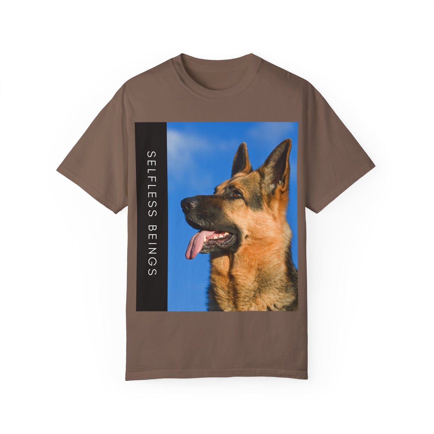 Unisex Dog Lover T-Shirt With Close Up of German Shepherd, Blue Sky in Background and Caption Selfless Beings