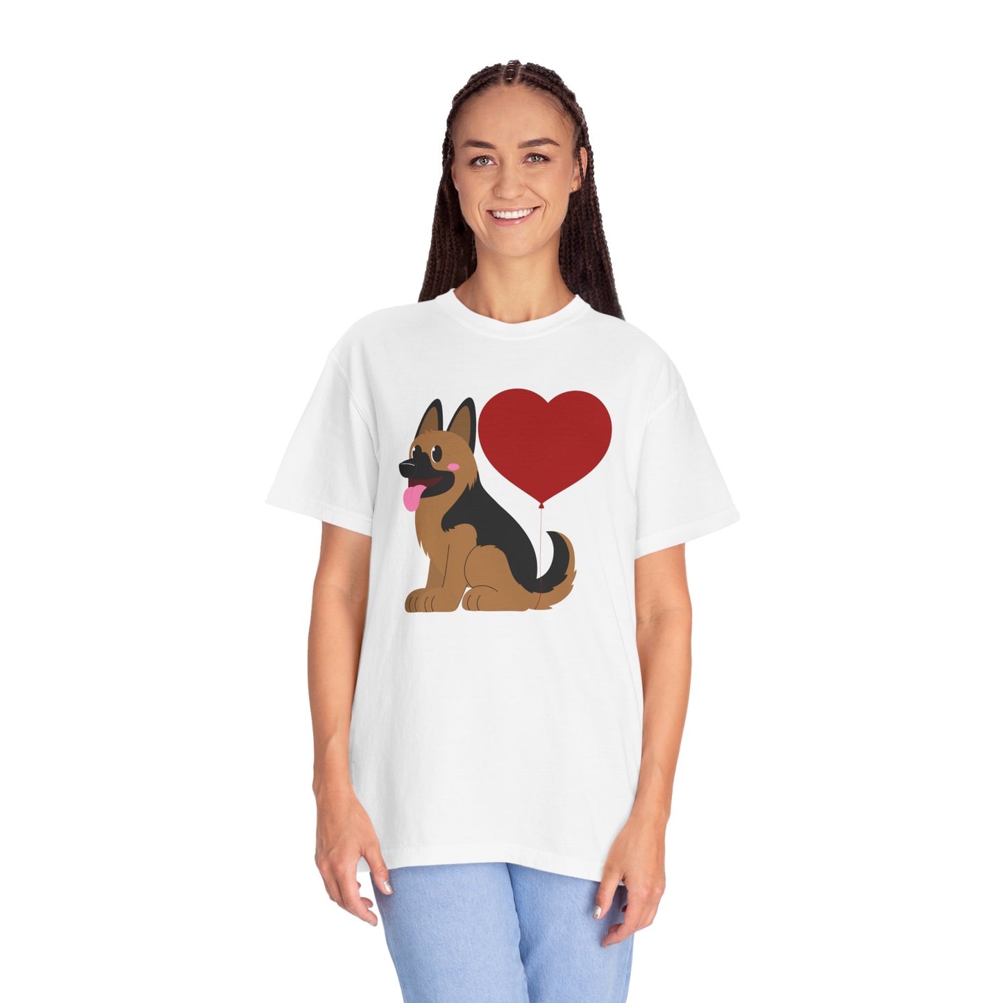 Unisex Dog Lover T-Shirt With a Graphic of German Shepherd Puppy and Heart Shaped Balloon Attached With Tail
