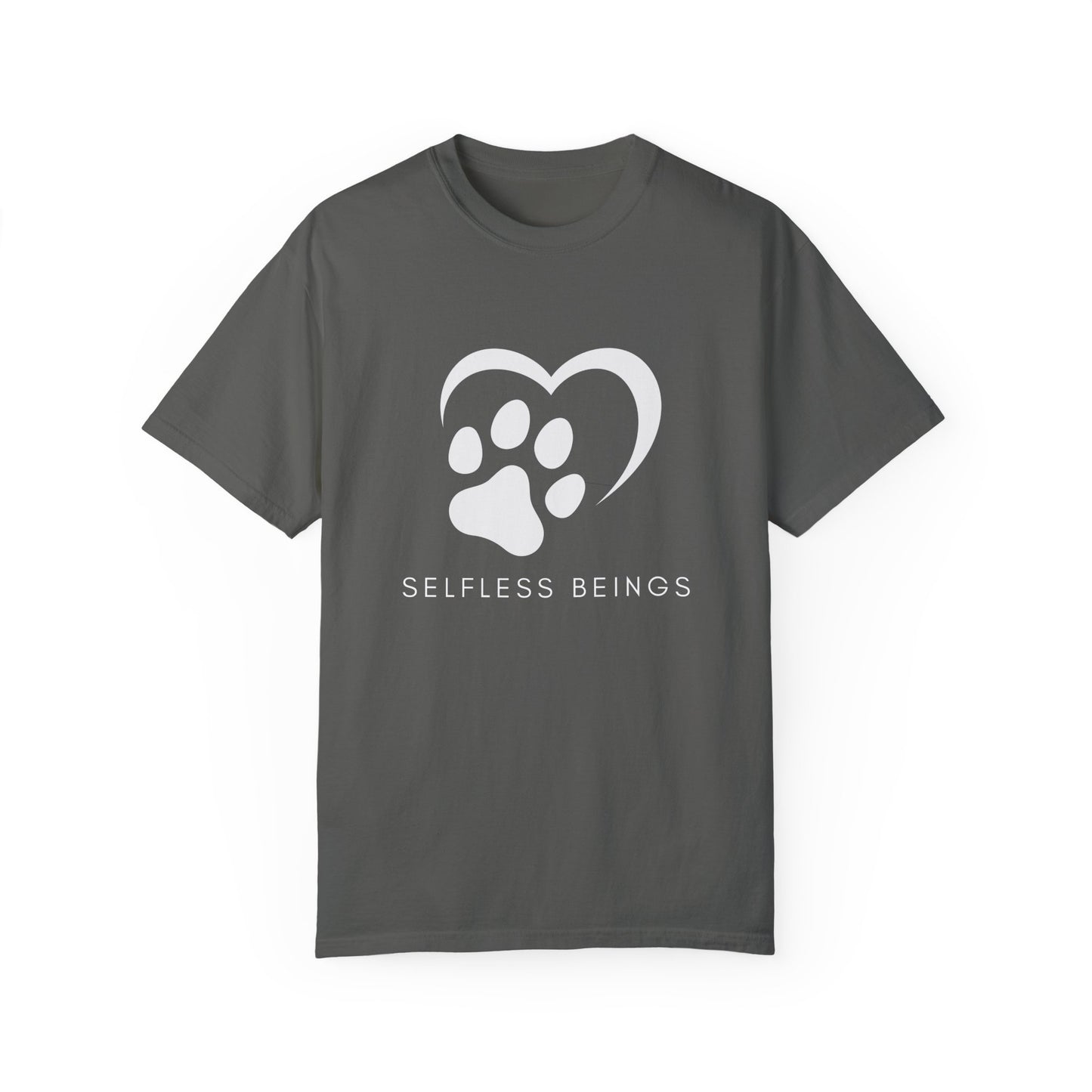 Unisex Dog Lover T-Shirt With Graphic of Half Heart and Dog Paw Print and Caption Selfless Beings Below