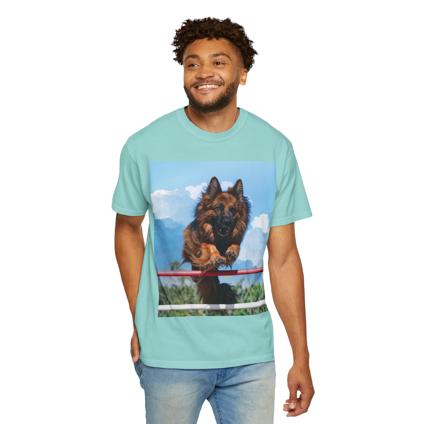 Unisex Dog Lovers T-Shirt Featuring a German Shepherd Jumping An Agility Fence