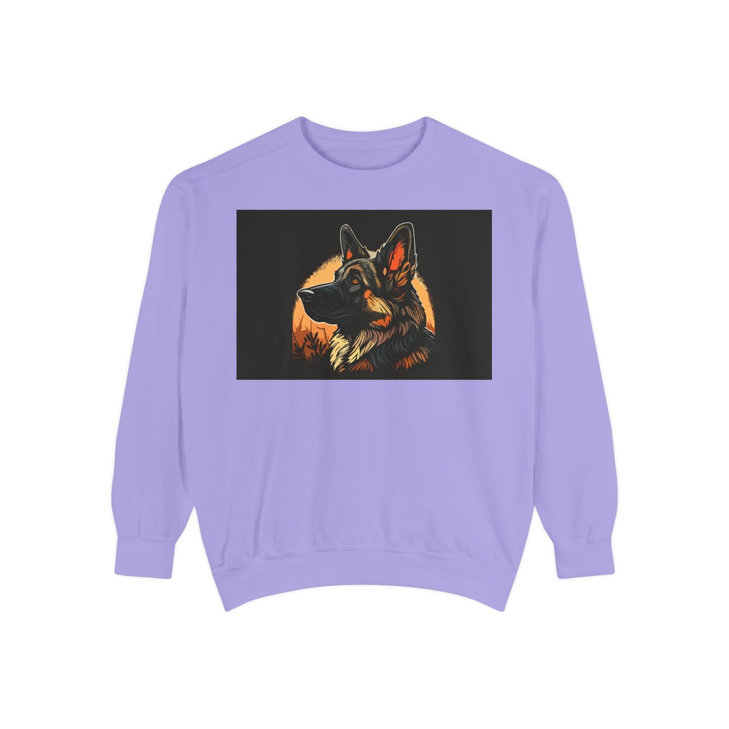 Unisex Dog Lover Sweatshirt With a Close Up Graphic of a German Shepherd In Front of Moon