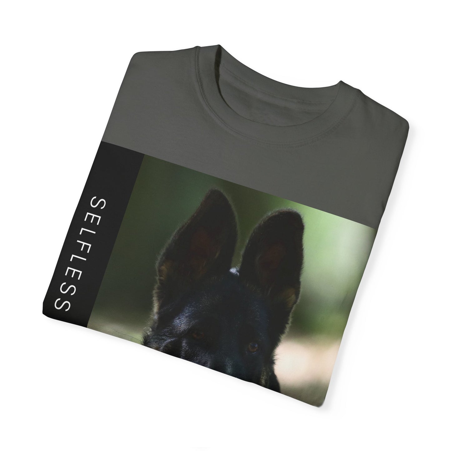 Unisex Dog Lover T-Shirt With Close Up Portrait of Slim German Shepherd Leaving His Tongue Out and Caption Selfless Beings