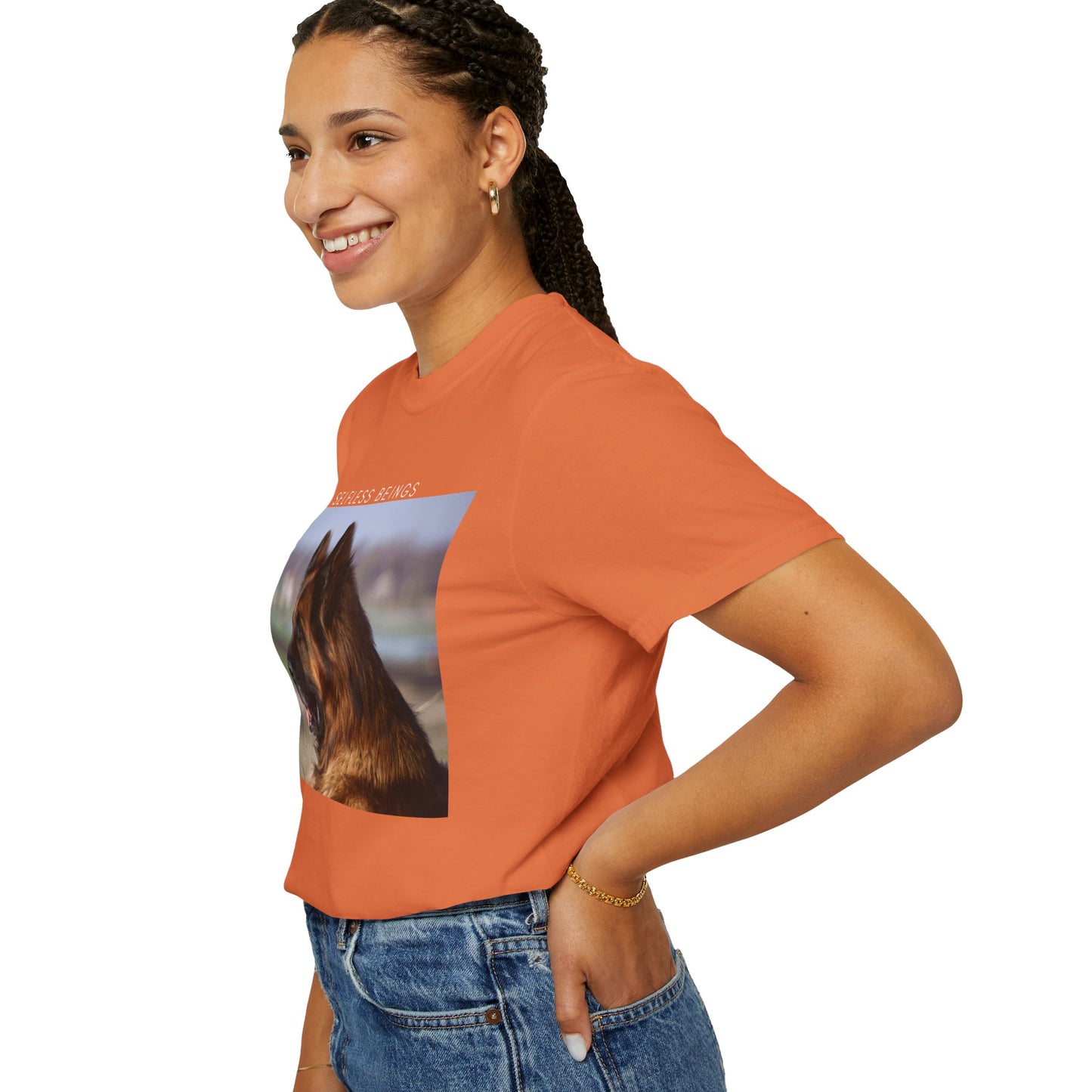 Unisex Dog Lover T-Shirt With Giant Long Coat German Shepherd Looking Straight and Caption Selfless Beings