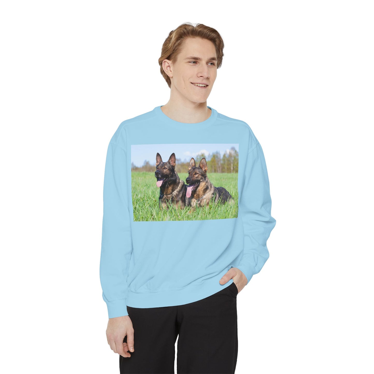 Unisex Dog Lover Sweatshirt With Two Giant German Shepherds Lying on the Grass With Tongues Out