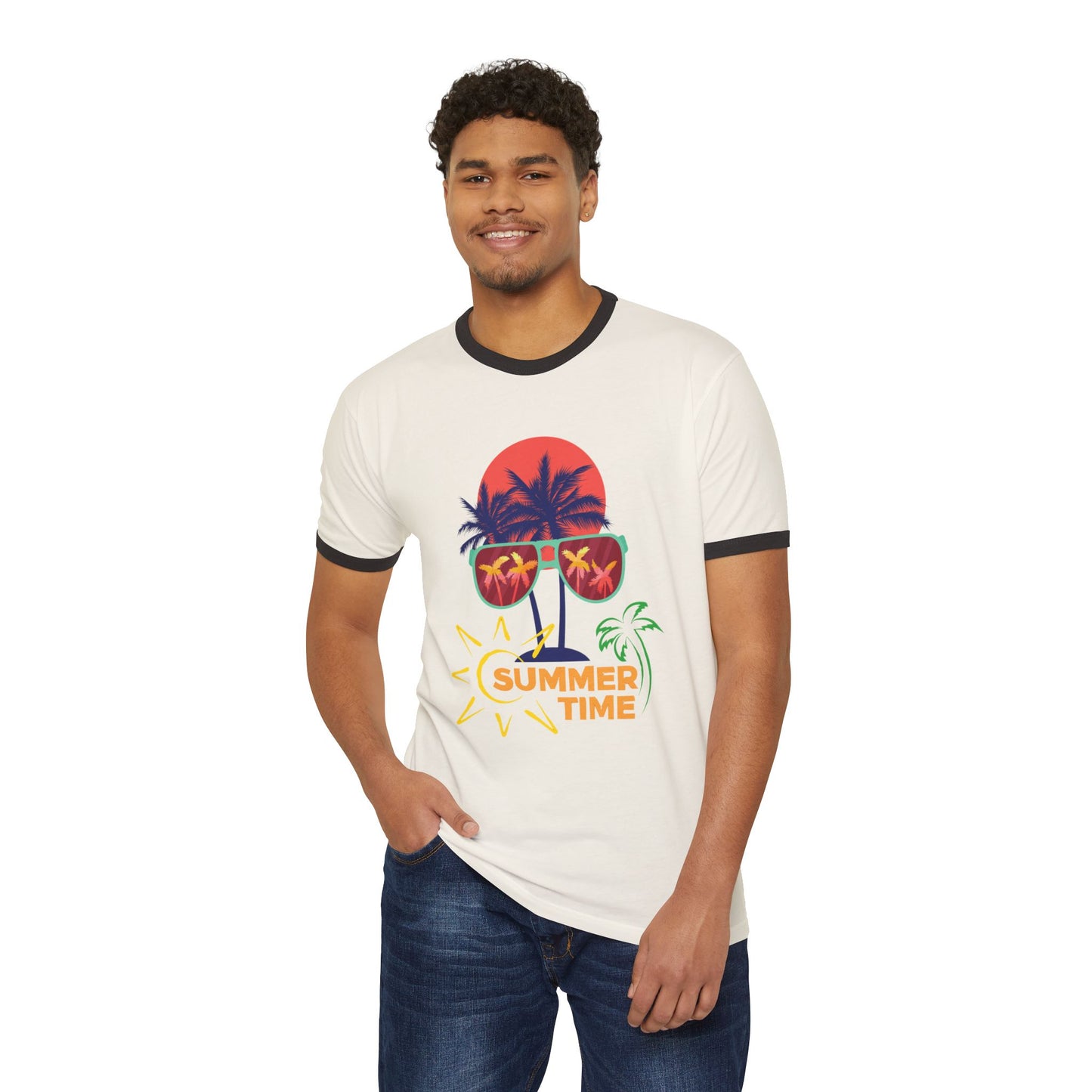 Summer Vibes Unisex Cotton Ringer T-Shirt, Fun Tropical Tee, Beachwear, Vacation Shirt, Gift for Him/Her, Summer Time Design