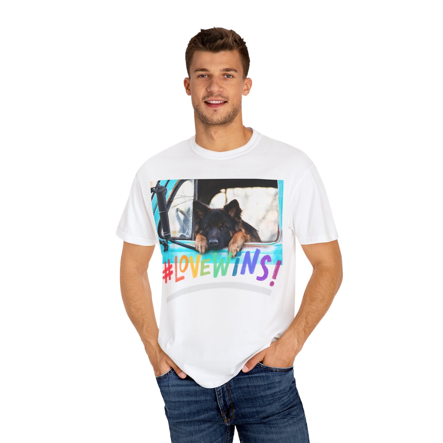 Unisex T-Shirt With German Shepherd Puppy Putting His Head and Front Legs On The Truck Seat's Window and Caption Love Wins