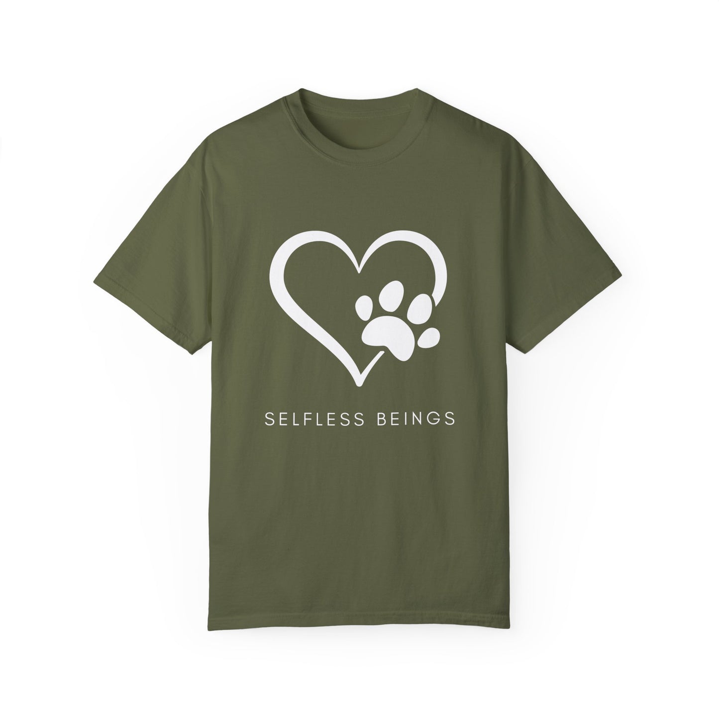 Unisex Dog Lover T-Shirt With Graphic of Heart Whose Right Side Contains Dog Paw's Print and Caption Selfless Beings
