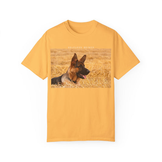Unisex Dog Lover T-Shirt With a German Shepherd Relaxing on the Long Dry Grass and Caption Selfless Beings