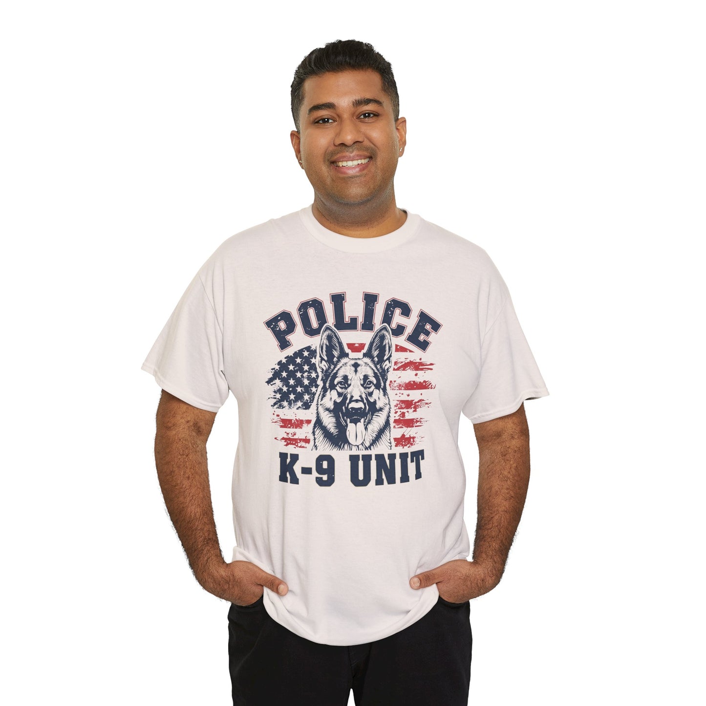 Patriotic Police K-9 Unit T-Shirt With American Flag in Background, Unisex Heavy Cotton Tee